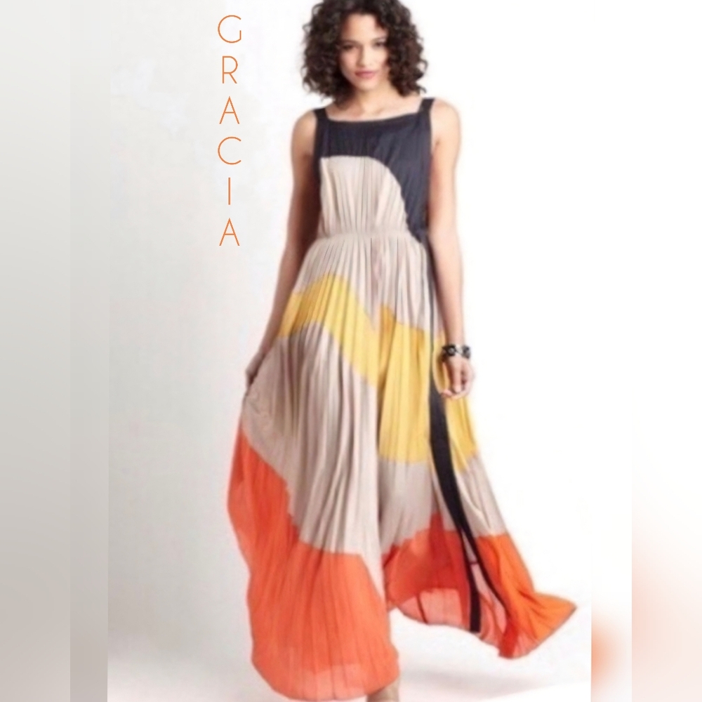 Gracia Colorblock Pleated Maxi Dress in Black, Yellow, and Orange